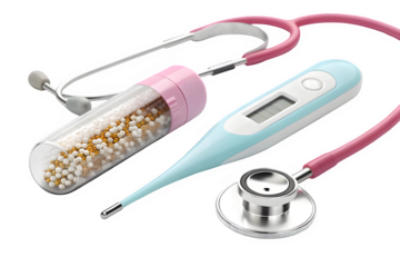 Healthcare essentials: stethoscope, thermometer, and medicine vial on black background isolated on transparent background