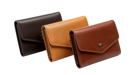 Three leather wallets in black, tan, and brown