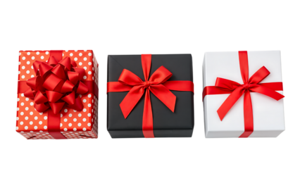 Three gift boxes with red ribbons on transparent background