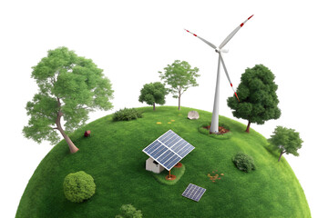 Sustainable energy generation concept with wind turbine and solar panels on a green globe isolated on transparent background