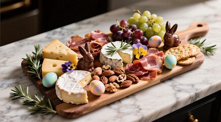 Festive easter cheese platter with grapes, nuts, and chocolate bunnies