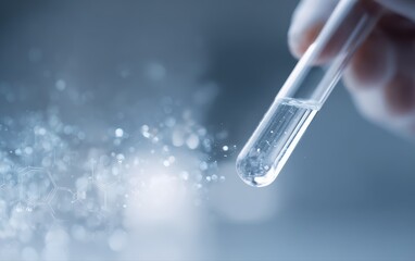 Scientist hands holding water sample vial under microscope, digital analytics overlay highlighting toxic forever chemicals, sustainability report design