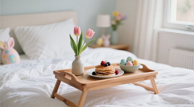 Cozy bedroom breakfast with pancakes and tulips on a wooden tray