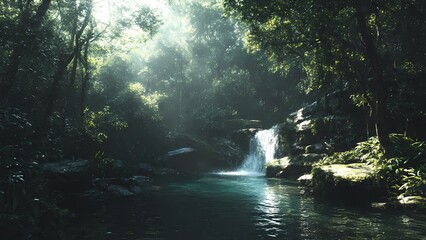 Tropical Waterfall Flowing Into A Serene Turquoise Lagoon In Sunlight