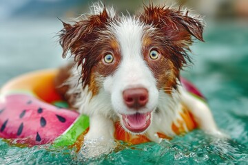 happy dog swimming in a pool with a float