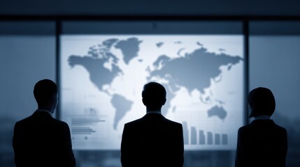 B2B company evaluating global expansion success, executive team reviewing market penetration data with world map and KPI dashboard