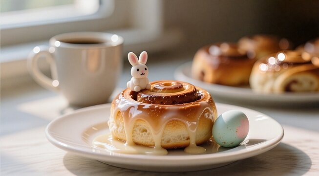 Cinnamon roll with mini bunny figurine and easter egg on sunny breakfast table