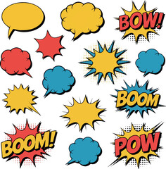 Create Cartoon comic sign burst clouds. Speech bubble, boom sign expression and pop art text frames. Comics mem expressions speech, superhero book bubbles label. Isolated vector symbols set © MDKHURSHED