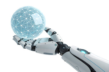 Robotic hand cradles glowing sphere representing global data network and technology isolated on transparent background