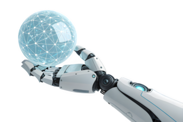 Robotic hand cradles glowing sphere representing global data network and technology isolated on transparent background