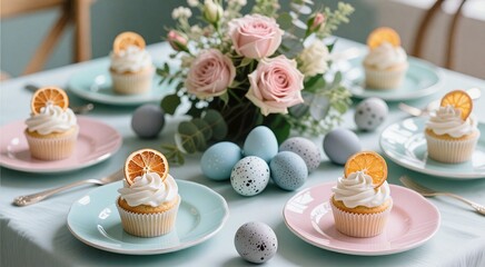Elegant easter table setting with cupcakes and floral centerpiece
