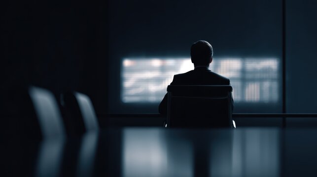 High-end corporate executive in luxury office, dark lighting, AI-powered investment strategy visuals, hero website image