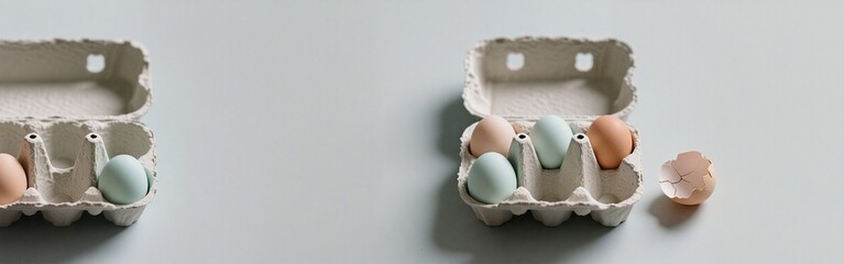 Colorful eggs in carton with empty shell on minimalist surface