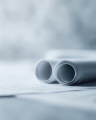 Fototapeta premium Close-up of rolled architectural blueprints and flat technical drawings, precise lines and measurements, modern architecture workspace, minimal and professional background