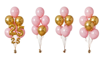 Three bunches of pink and gold balloons