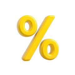 High-resolution 3D illustration of a yellow percentage symbol (%) isolated on a clean white background. The three-dimensional design features smooth surfaces