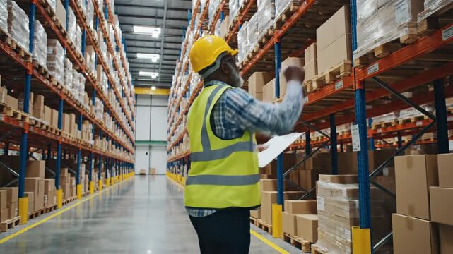 Worker inspecting stock in warehouse storage racks with boxes
