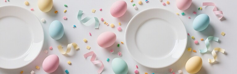 Colorful easter egg arrangement with plates and festive decorations
