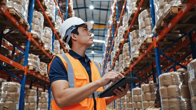 Worker inspecting stock in warehouse storage shelving with tablet