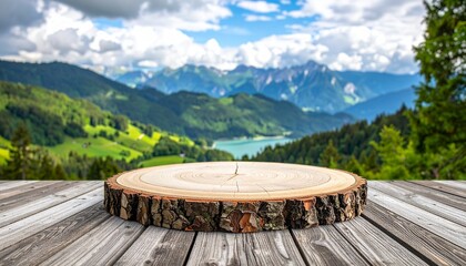 Empty wooden podium with a beautiful mountain and lake landscape