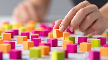 Naklejka premium Colorful Wooden Blocks Are Arranged on a Table During a Public Sector Planning Session in an Office Environment