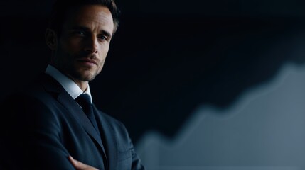 Confident male CEO in dark office environment, financial growth graphs and AI analytics overlay, cinematic corporate banner image