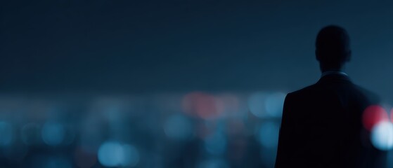 Rich businessman investor with city night skyline, dark cinematic mood, AI financial prediction visuals, premium fintech banner