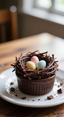 Chocolate cupcake with candy eggs on wooden table in bright cafe setting