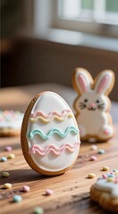 Colorful easter egg cookies and bunny decor on wooden table