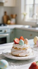 Delicious easter-themed cake with strawberries and pastel eggs in sunny kitchen