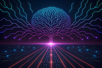 Digital tree of knowledge with glowing circuits and road