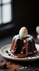 Decadent chocolate lava cake with melting center topped by decorative egg