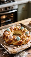 Easter bread wreath with colorful eggs in rustic kitchen setting