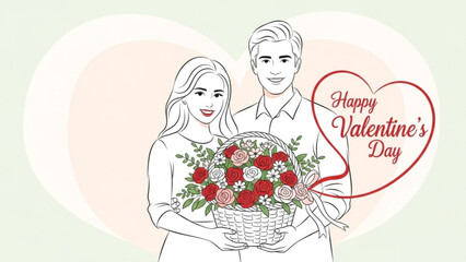 Happy valentine's day couple holding a basket of red and pink roses together