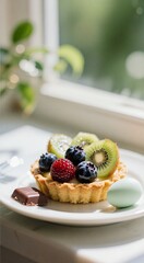 Fruit tart with berries and kiwi on sunny windowsill