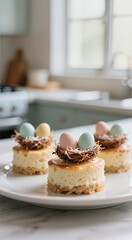 Easter cheesecake bites with chocolate nests and colorful eggs in kitchen setting