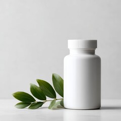 Vegan plant-based supplement bottle with eco-friendly packaging, green leaves and soft natural light, clean white background, sustainable wellness concept