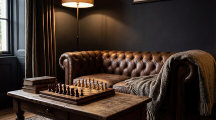Moody dark living room interior featuring a brown leather Chesterfield sofa and a wooden chess board on a rustic table. Classic library atmosphere with vintage books and warm lighting.