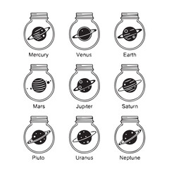 Planets in jars, solar system, space icons