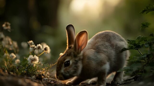 Wild european rabbit in meadow
