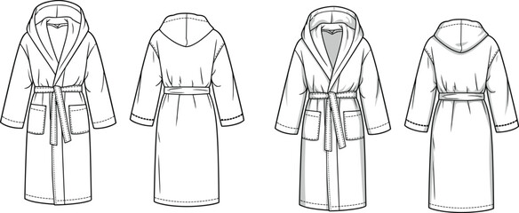 Technical fashion sketch, hooded bathrobe front and back view, garment design, pattern making, apparel illustration, textile concept