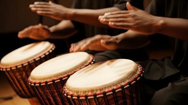 Dynamic drumming performance with rhythmic precision. Three people performing music. Hands playing drum set with hands in focus, capturing the essence of music