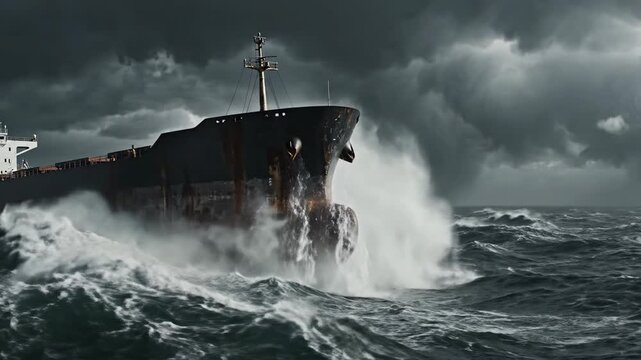 Vessel navigating through turbulent ocean waves under dramatic stormy sky