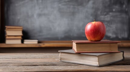 Books and Apple on Wooden Table in Classroom With Blackboard in Background Showing Focus on Education Policy and Learning Concepts