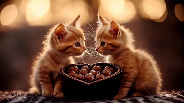 Love. Valentines day. Mothers day theme. A closeup of a young orange kitten with a heartshaped box of chocolates. The kittens fur is soft and fluffy, and its eyes are a striking shade of blue.