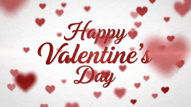 Happy valentines day text animation with floating red hearts on white background. Romantic typography greeting video. Love holiday celebration message with falling blurred heart shapes