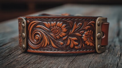 Close up of an Embossed Leather Wristband with Floral Details