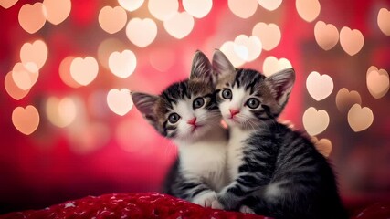Love. Valentines day. Mothers day theme. A closeup of two kittens against a red background with heartshaped bokeh lights. The kittens are positioned closely together.
