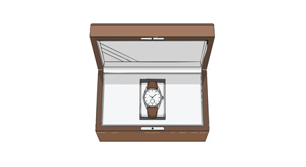 Elegant timepiece with brown leather strap displayed within an open sophisticated watch box