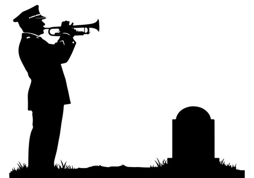 Vector silhouette illustration of a military bugler playing a respectful final post at a gravesite, symbolizing solemn remembrance, honor, and sacrifice for those who served